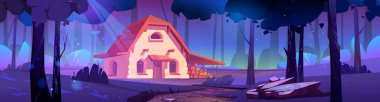 Cottage in night forest, stone house with wooden roof on dark field with coniferous trees. Cozy home at moonlight in mysterious wood. Game scene 2d background with dwelling Cartoon vector illustration