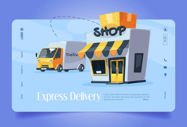 Express Delivery Banner Truck Shop Building Box Vector Landing Page — Vetor de Stock