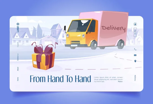 Hand Hand Delivery Service Banner Truck Gift Box Vector Landing — Wektor stockowy