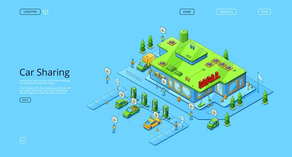 Car Sharing Isometric Landing Page Electric Automobiles Charging Parking Mall — Wektor stockowy