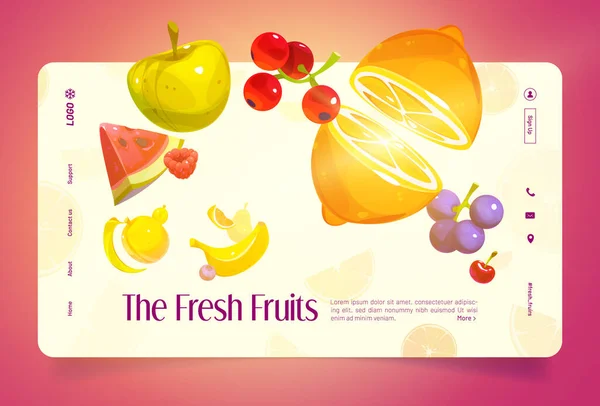 Fresh Fruits Cartoon Landing Page Summer Juicy Lemon Red Currant — Image vectorielle