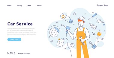 Car service doodle landing page. Mechanic character dressed in overalls hold drill and wrench, repair staff with instruments in garage. Auto checking, fixing and maintenance, Linear vector web banner