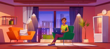 Uzaktan serbest çalışma, ev kavramından çalışma. Dairenin rahat koltuğunda oturan serbest çalışan bir kadın dizüstü bilgisayarla çalışıyor. Dış kaynaklı çalışan kadın karakter Çizgi film vektör çizimi