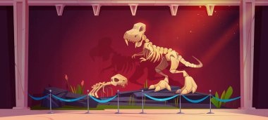 Dinozor iskeletleriyle tarihi müze sergisi. Paleontoloji müzesinin tarih öncesi hayvan kemikleri, fosil soyu tükenmiş dinozor taşları ve otlarla dolu iç mekanının vektör çizimi.