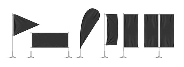 Black Vinyl Flags Set Banners Metallic Pole Vector Realistic Template — Stok Vektör