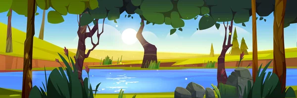 Summer Landscape River Forest Green Fields Vector Cartoon Illustration Countryside —  Vetores de Stock