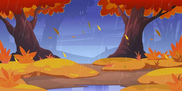 Rain Autumn Forest Wild Nature Landscape Cartoon Fall Wood Background — Stockový vektor