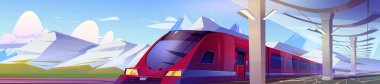 Modern railway station with train, platform and glass roof. Vector cartoon illustration of summer landscape with empty station, speed train on rails and mountains on background