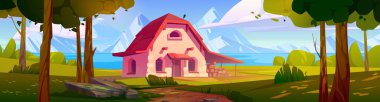 Country house with garden on river coast. Vector cartoon illustration of summer landscape with trees, lake, mountains on horizon and forester cottage with woodpile