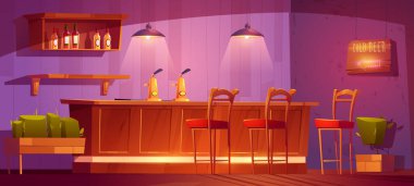 Barda ahşap tezgah, bira pompaları ve kafeteryada ya da restoranda şişeler var. Masası, taburesi ve alkollü içeceği olan bir bar, vektör karikatür çizimi.