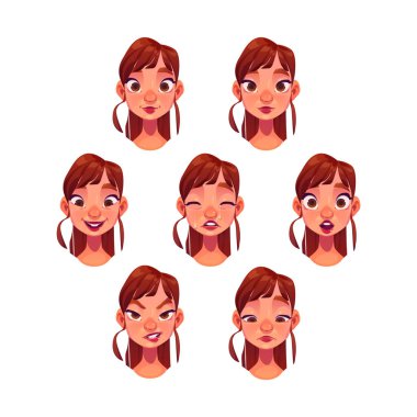 Genç bir kadının yüzü farklı duygularla dolu. Mutlu, ağlayan, utangaç, kızgın, şüpheci ve sürpriz bir kız çizgi film seti beyaz arka planda izole edilmiş. Kadın karakter portreleri