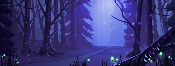 Night Forest Landscape Trees Road Glowworms Mushrooms Shining Darkness Wild — 图库矢量图片