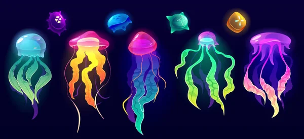 Medusas Animais Subaquáticos Peixes Geleia Coloridos Criaturas Oceânicas Profundas Com —  Vetores de Stock