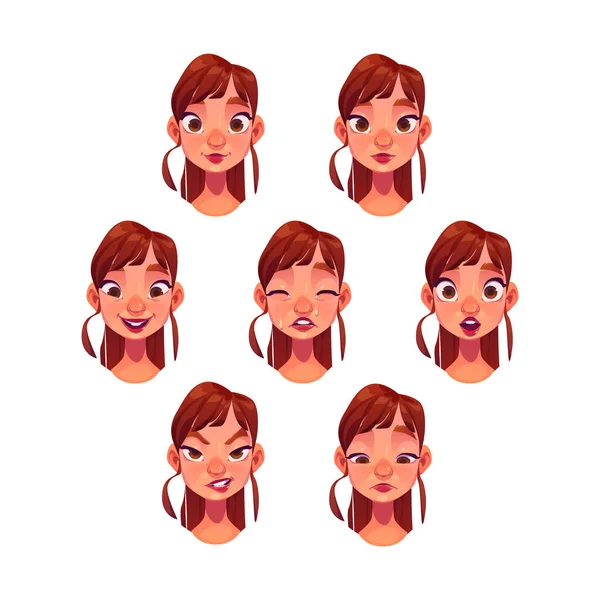 Young Woman Face Different Emotions Vector Cartoon Set Girl Happy — Stockvector