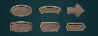 Antik taş tabelalar, taş tabletleri oyun için farklı şekiller. Boş bloklardan oluşan vektör çizgi film setleri, çatlamış beton desenli, sarmaşık yapraklı ve ipli levhalar.