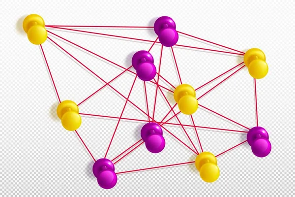 Push Pins Network Map Połączenie Żółtych Różowych Popychaczy Pinezki Połączone — Wektor stockowy