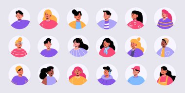 İnsanları avatarlara yerleştirin, erkek ve kadın karakterlerin yüzleri. Sosyal medya ve web tasarımı için genç erkek veya kadın portreleri, çeşitli kişiler, izole edilmiş gençler yuvarlak ikonlar, Çizgi Sanatı düz vektör çizimi