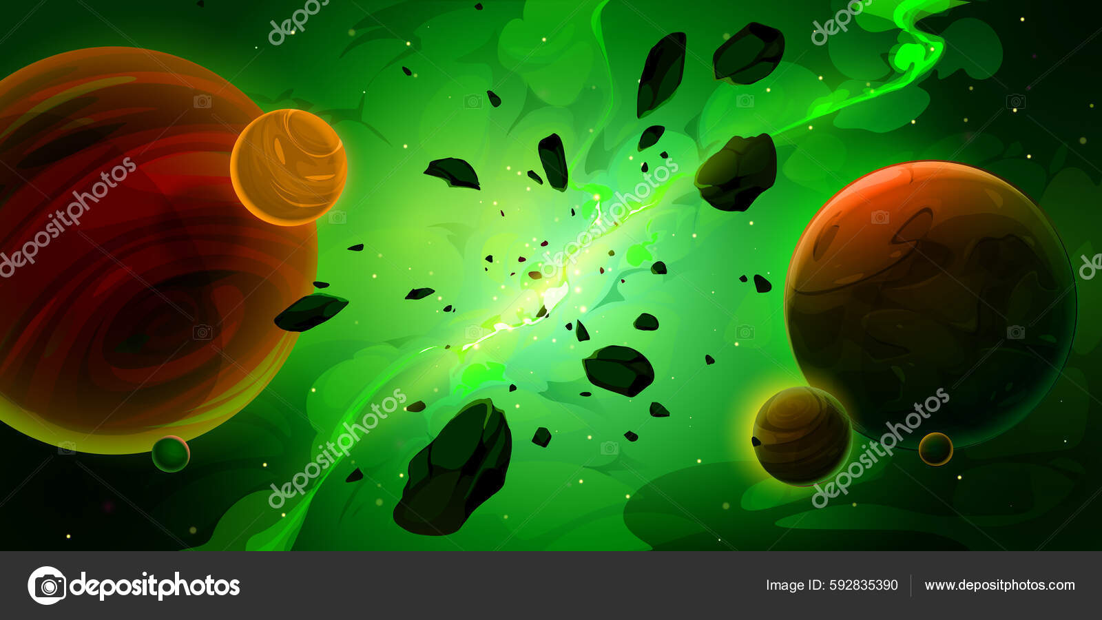 Cartoon Green Space Background Glowing Galaxy Nebula Flying Rocks.