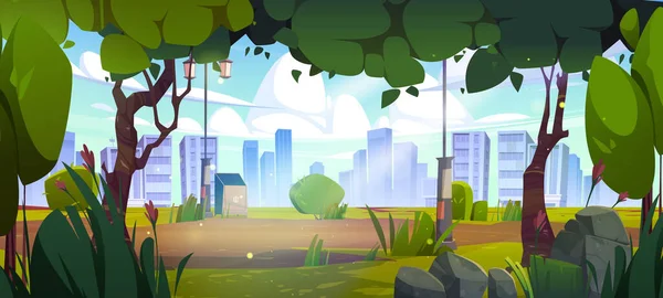 Yeşil ağaçlar, çimenler, fenerler, çöp bidonları ve ufuk çizgisi üzerinde kasaba binaları olan eski şehir parkı. Yaz manzarasının, çiçekli ve sokak lambalı boş halk bahçesinin vektör çizimi
