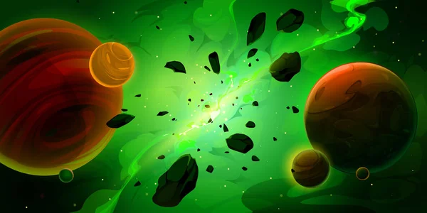 Cartoon Green Space Background Glowing Galaxy Nebula Flying Rocks Planets — Vector de stock