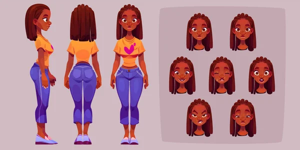 Black Woman Character Animation Side Rear Front View Emotions Young — ストックベクタ