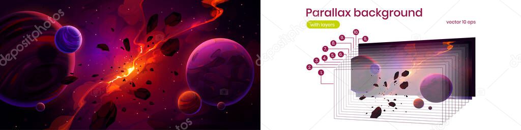 Parallax background planets in outer space with satellites, exploding star and glowing nebula in dark sky. Galaxy, cosmos, universe futuristic fantasy for 2d game animation Cartoon vector illustration