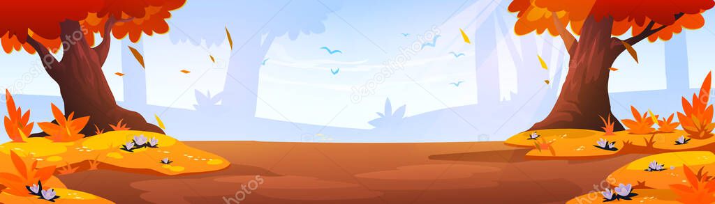 Autumn forest landscape with orange trees and grass, dirt road. Vector cartoon illustration of fall nature tranquil scene, yellow and red leaves falling with wind, birds flying in sun beam
