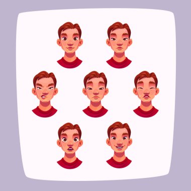 Young man face expressions, cartoon male character avatar with different emotions isolated on white background. Handsome boy emoji smile, despise, sad, crying and surprised, Vector illustration set