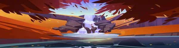 Autumn Forest Landscape Cascade Waterfall Stones Vector Cartoon Illustration Nature — Διανυσματικό Αρχείο