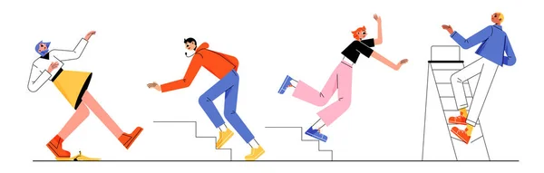 Falling People Clumsy Male Female Characters Fall Stairs Stumble Slipping — Stok Vektör