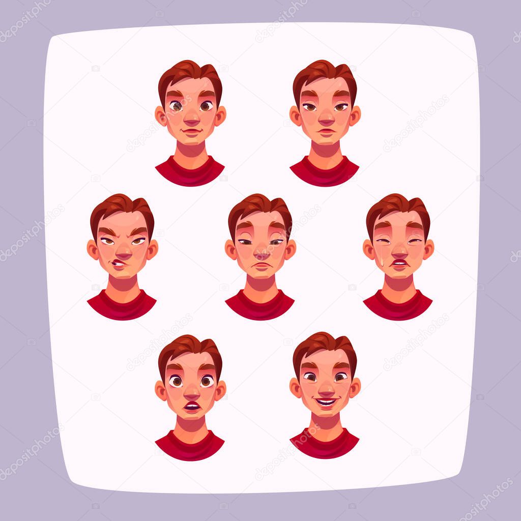 Young man face expressions, cartoon male character avatar with different emotions isolated on white background. Handsome boy emoji smile, despise, sad, crying and surprised, Vector illustration set