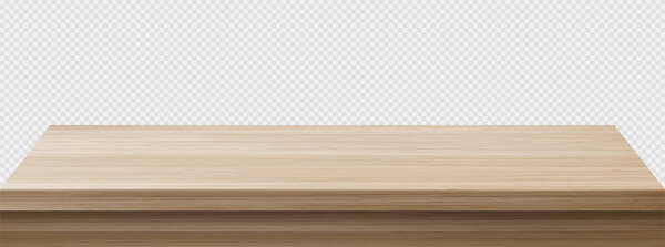 Wooden table perspective view, wood surface of brown desk, kitchen or office top made of eco material isolated on transparent background. Tabletop design element, Realistic 3d vector illustration