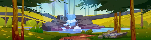 Summer Forest Landscape Cascade Waterfall Vector Cartoon Illustration Nature Panorama — Stok Vektör
