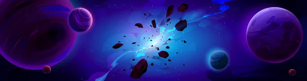 Cartoon Blue Space Background Glowing Galaxy Nebula Flying Rocks Planets — Stock vektor