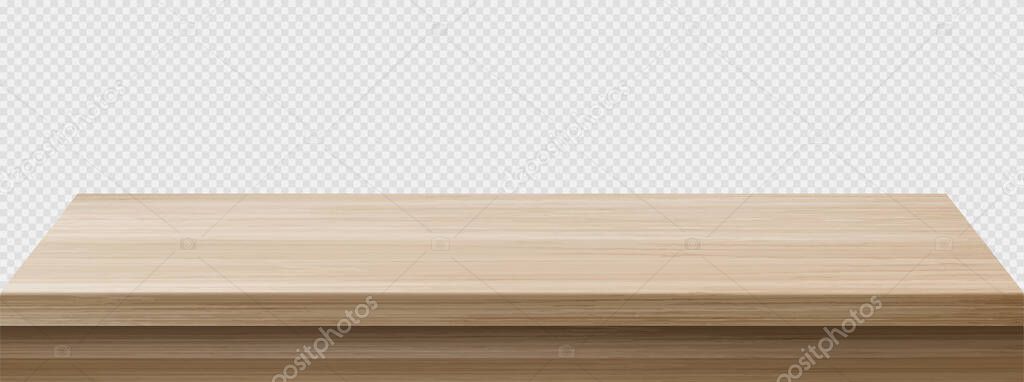 Wooden table perspective view, wood surface of brown desk, kitchen or office top made of eco material isolated on transparent background. Tabletop design element, Realistic 3d vector illustration