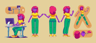 Animasyon için kız karakter, kadın arka görüş. Vücut ve yüz yapıcı ve bilgisayarlı çalışma masası. Çağdaş karikatür kadın ofis çalışanı veya serbest çalışan, Vektör illüstrasyonu