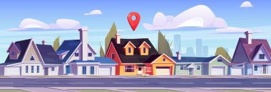 Suburban street with location pin over residential cottage. Suburb houses at countryside, concept of navigation, real estate rental or sale. Home facade along asphalt road, Cartoon vector illustration