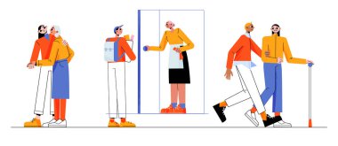 Bakım işçileri yaşlılara yardım eder. Hemşire desteği kavramı, sosyal gönüllüler. Yaşlı bir kadınla yürüyen, konuşan, eve yemek getiren bakıcıların düz bir temsili.