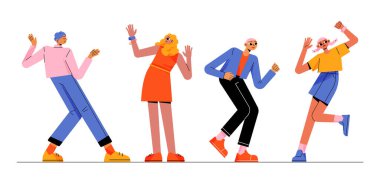 People dance, move body at music tunes. Young male and female characters enjoying melodies. Excited men and women dancing and rejoice at disco party or celebration, Line art flat vector illustration