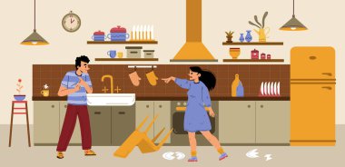 Aile içi çatışmalar, çiftler arası kavgalar. Kızgın kadın suçlayan adamla ev sahnesi. Karı-koca tartışması ve kırık tabaklarla mutfak tartışması.