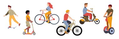 People ride on different eco transport. Personal electric transport, ecological urban lifestyle. Vector flat illustration of men and women driving on bike, scooter, skateboard and hoverboard