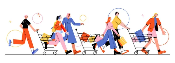 Sale Run Concept Happy People Shopping Carts Rush Store Vector — стоковый вектор