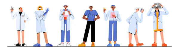 Doctors Nurses Flat Characters Set Professional Health Care Workers Ready — Archivo Imágenes Vectoriales