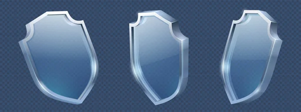 Glass Shield Metal Frame Realistic Vector Illustrations Blank Transparent Blue — Vector de stock