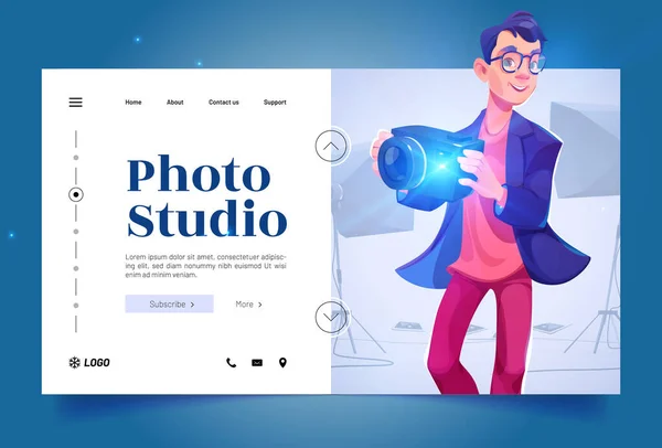Photo Studio Banner Man Holding Camera Flash Vector Landing Page — Vector de stock