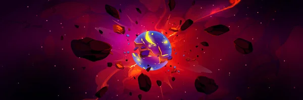 Planet Explosion Asteroid Meteorite Burst Fire Smoke Flying Stones Outer — Vector de stock