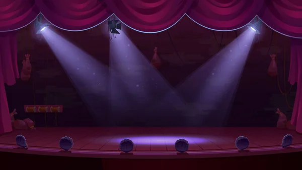 Theater Stage Spotlights Red Curtains Wooden Floor Theatre Interior Empty — ストックベクタ