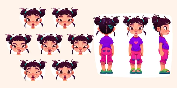 Baby Girl Face Different Emotions Vector Cartoon Set Standing Child — стоковый вектор