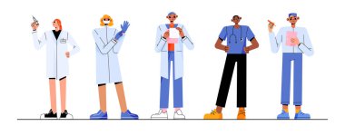 Tıbbi personel, bir grup doktor, üniformalı ve maskeli hemşireler. Profesyonel sağlık ekibinin vektör düz çizimi, hastanede veya sağlık kliniğinde çalışan çeşitli insanlar