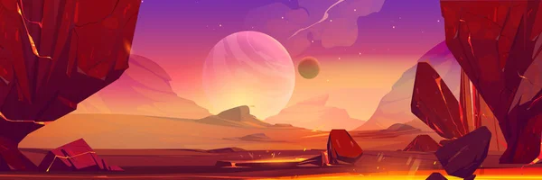 Space Landscape Cartoon Illustration Rocks Craters Large Alien Planet Horizon — Vector de stock